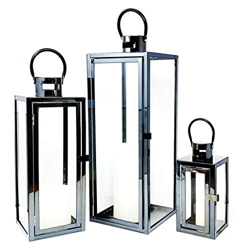 Image of Allgala 3-PC Lantern Set 23 Inch Jumbo Deluxe Modern Indoor /Outdoor Candle Lantern Set Stainless Steel Frame Tempered Glass Rectangular Black for Garden Poolside Fireplace Wedding