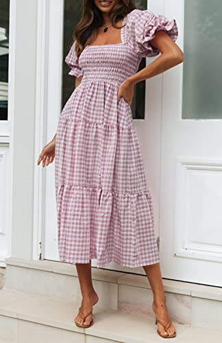 Image of ZESICA Women's 2026 Boho Summer Dresses Gingham Puff Sleeve Square Neck Flowy Beach Midi Dress