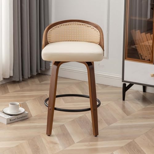 Image of 24.8 inch Swivel Rattan Bar Stools,Mid-Century Modern Beige Leather Upholstered Counter Height Stools,Kitchen Island Barstools with Rattan Low Backrest,Walnut Wood Finish Bar Chair,1PCS