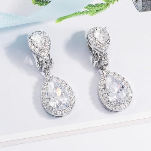 SELOVO Cubic Zirconia Wedding Bridal Clip on Teardrop Drop Earrings for Women Silver Tone3