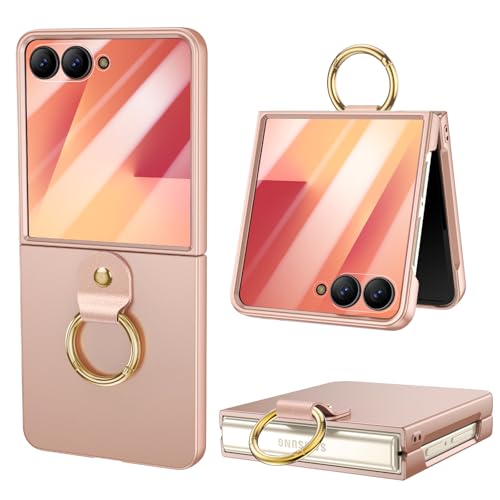 HWeggo Funda para Samsung Galaxy Z Flip 7, Funda ultradelgada para con Protector de Pantalla Exterior y Anillo, Funda Liviana a Prueba de Golpes y arañazos - Oro Rosa