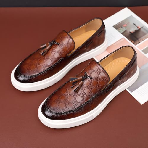 Men's Classic Business Plaid Pattern Leather Tasseled Loafers Comfortable Round Toe Non-Slip Flat Walking Shoes2