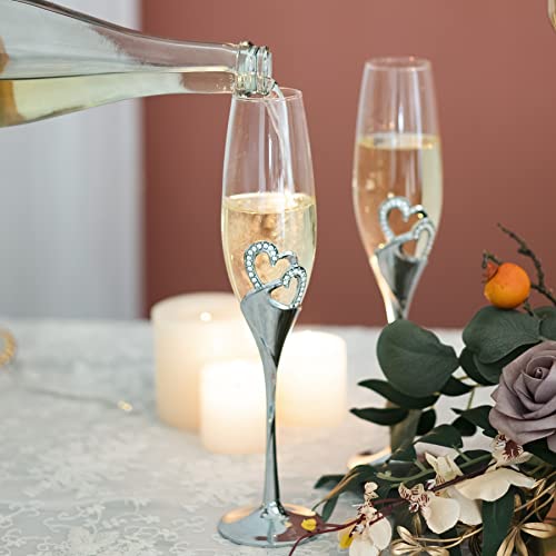 Crystal Champagne Flutes Glass Set Of 2 - Wedding Wine & Champagne Glasses, Wedding Toasting Glasses With Diamond Rimmed Hearts Decoration For Bride And Groom, Wedding Reception, Party (Silver) #TOP1