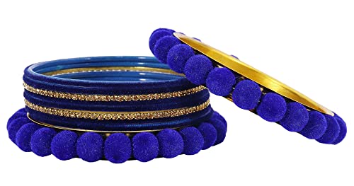 Image of NMII Stylish Metal with Golden Zircon Stone & Velvet Balls Bangles Set For Women and Girls | Fancy Designer Bangles | Short Velvet Chuda Set | Women's Fashion Jewellery