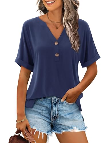 Beluring Damen Oberteile Sommer V-Ausschnitt Tshirt Elegant Kurzarm Tunika Bluse Marineblau XL