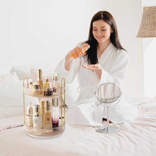 Large Rotating Makeup Organizer - 2 Tier Amber Gold Storage - Image 6