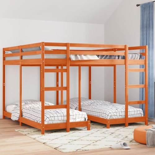 Molumvel Litera triple de 200 x 200 cm de madera de pino maciza, cama apilable para 3 personas, sistema de dormir que ahorra espacio con dos escaleras y barandilla de seguridad, color marrón