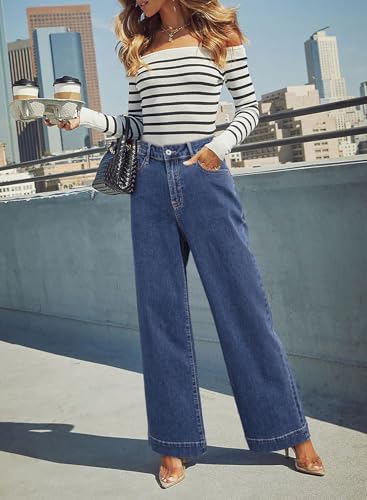 Image of Dokotoo Women's Casual High Waisted Jeans Stretch Wide Leg Loose Denim Pant