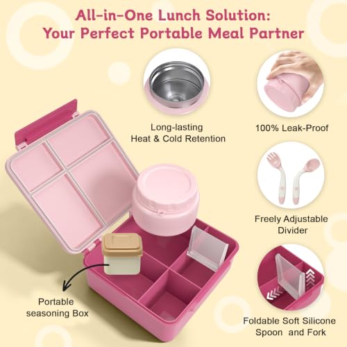 Image of Kids Lunch Box 4 Compartment Bento with 8oz Food Jar，Pink
