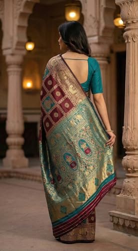 Image of C J Enterprise Women's Kanjivaram Silk Saree Woven Patola Banarasi Soft Sarees Zari With Blouse Piece (Hathi Patola)