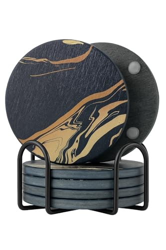 Diatomaceous Earth Coasters Set of 6 with Holder – Modern Farmhouse Decorative Coasters, Black Coffee Table Accessories for Drinks, Durable Scratch-Free Protection for Wood & Glass Surfaces