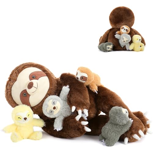 Tezituor Sloth Stuffed Animal with 4 Cute Babies, 23.6' Large Soft Sloth Plush Toy Realistic Three-Toed Plushies, Home Decor Birthday Gifts for Boys Girls