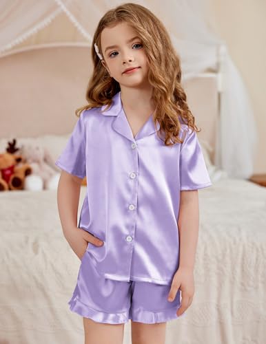 Image of Arshiner Girls Pajamas Silk Satin Pajama Set Button Pjs Ruffle Sleepwear