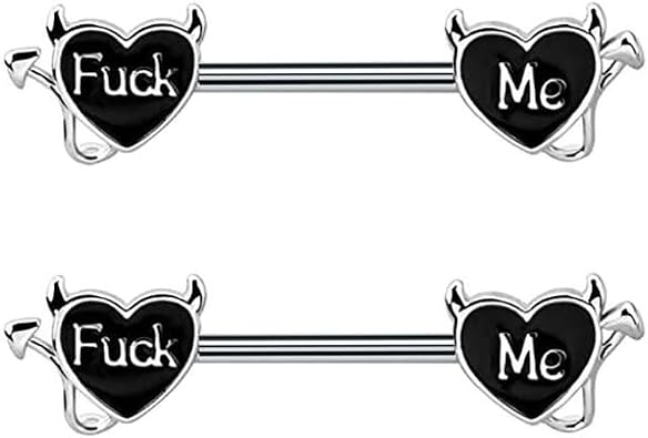 14G Black Heart Letter Nipple Rings Stainless Steel For Women Cum Here Bite Me Devil Heart Nipple Piercing Barbell Body Piercing Jewelry