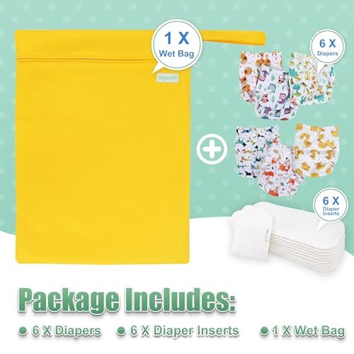 Image of wegreeco Cloth Diapers 6 Pack with 6 Inserts & 1 Wet Bag, Washable Cloth Diapers for Babies, One Size Adjustable Reusable (Bright Animals)