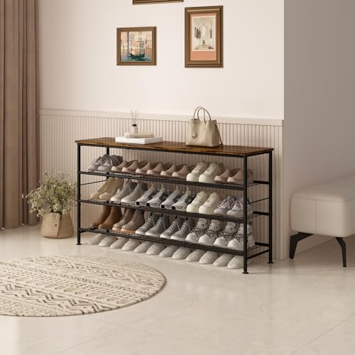 Image of SUOERNUO Shoe Rack Organizer 4 Tier for Closet Entryway Free Standing Metal Storage Shoe Shelf with MDF Top Board (Black+Rustic Brown, Large 4 Tier)