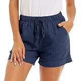 TACVASEN Women's Casual Elastic Waist Shorts Comfy Cotton Linen Summer Beach Shorts Navy, L