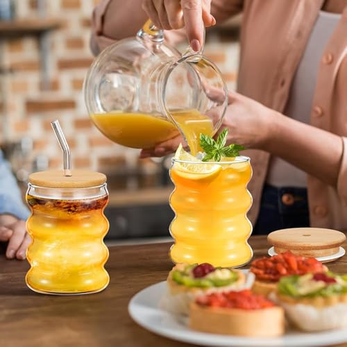 Image of Kamvy Coffee Glass Tumbler with Wooden Lid and Straw Pack of 1, 500ml Reusable Drinking Matcha Glasses Aesthetic Clear Multipurpose Cup for Water Juice Green Iced Tea Boba Home Travel (Wave)