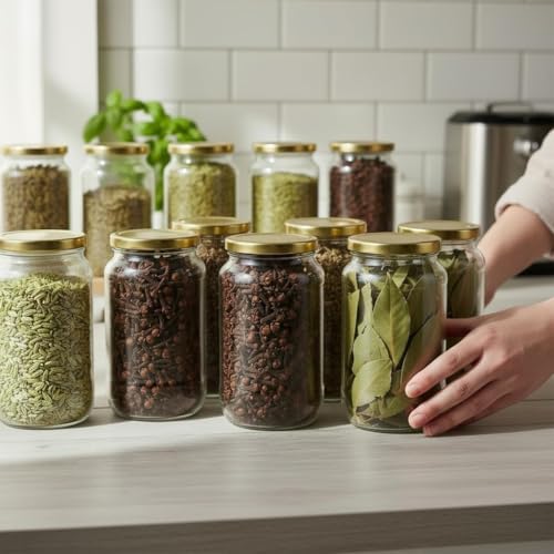 Image of STAR WORK 1000 Milliliter Glass Jar With Air Tight Gold Lid For Kitchen Dried Masla Storage Jar,Honey Jar,Jar And Container,Spice Masala Jar,Glass,Visible Glass Jar For Kitchen Storage Set Of (2)