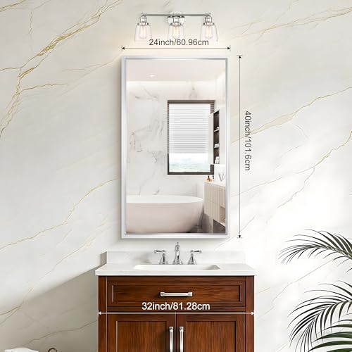 Image of Bathroom Mirror, 24 x 40 inch Brushed Silver Rectangle Mirror, 0.6 inch Thickened Deep Metal Frame Rectangular Vanity Mirror, Wall Mounted Mirror for Bedroom Living Room, Horizontal or Vertical