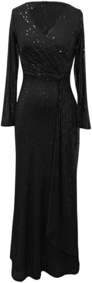 Black Sequin Dress for Women 2025 V-Neck Long Sleeve Plus Size Elegant Wrap Dress Sparkly Maxi Cocktail Dress