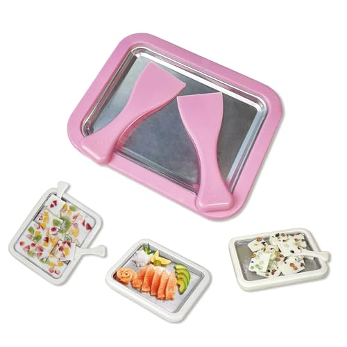 Rolled Ice Cream Tray, Ice Cream Maker for Kids, DIY Homemade Rolled Ice Cream Tray, Instant Freeze Plate with 2 Scrapers, Suitable for Family, School, Party, DIY Dessert Making. (White) (Pink)