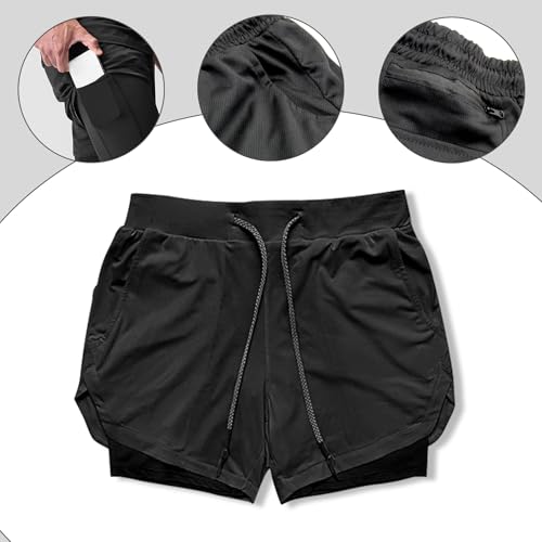 Men’s 2 in 1 Running Shorts, Soft Breathable Quick-Drying Workout Gym Athletic Shorts with Zipper Pockets and Towel Loop3