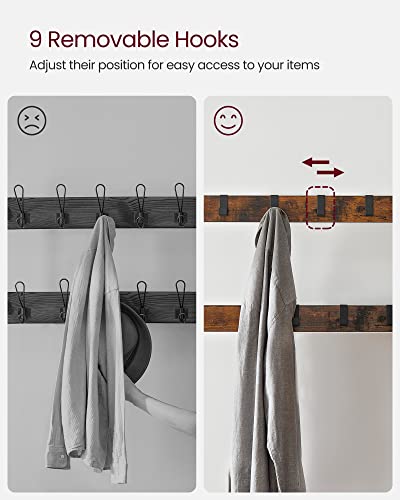 VASAGLE Coat Rack, Coat Stand with Shoe Storage Bench, 4-in-1 Design, with 9 Removable Hooks, a Clothes Rail, for Hallway, Entrance, 33.7 x 84 x 183 cm, Industrial, Rustic Brown and Black HSR400B01