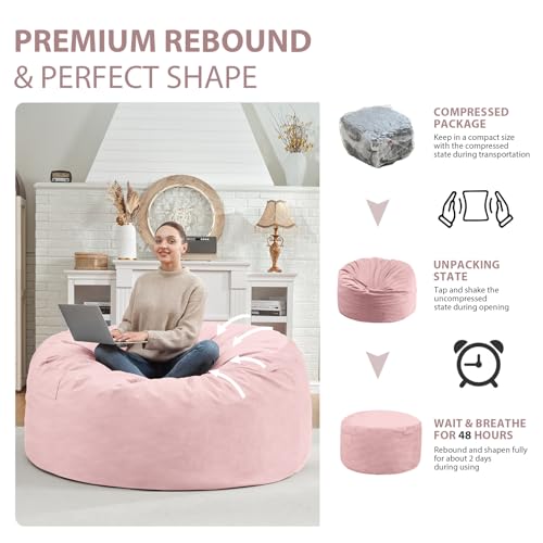 4FT Bean Bag Chair, Large Bean Bag Chairs with Memory Foam Filled, Fluffy Beanbag Sofa with Dutch Velvet Cover, Round BeanBag Chairs for Living Room, Playroom - Light Pink