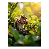 Ardilla comiendo bayas rojas Naturaleza Diamond Art Kits para adultos, pintura de diamante 5D redonda para principiantes, pintura de diamantes, manualidades, decoración de pared del hogar, marco de 12