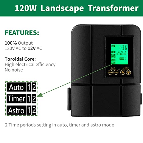 Solaroxy 120W Toroidal Core Landscape Lighting Transformer With Timer And Sensor, 120V Ac To 12V Ac, Outdoor Low Voltage Light Transformer For Garden Lights, Lawn Lights, Pathway Lights #TOP1