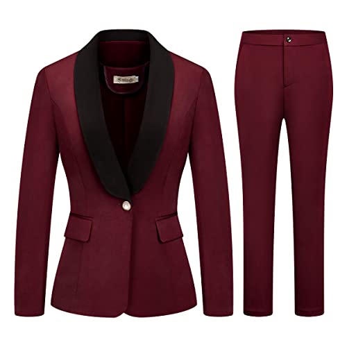 MODFUL Women's 2 Piece Business Suit Set One Button Solid Color Blazer Trouser-Suit(Wine Red,Large)