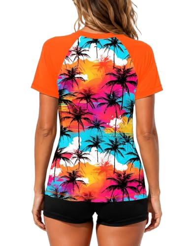 Image of AOBUTE Women Short Sleeve Rash Guard UPF 50+ Tropical Sun Protection Floral Swim Shirts