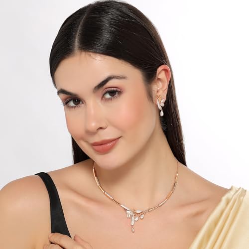 Image of Nilu's Collection Rose Gold Plated American Diamond Floral Leaf Necklace Set with Matching Drop Earrings For Women And Girls | Anti-Tarnish | Anti-Allergy | Office Wear