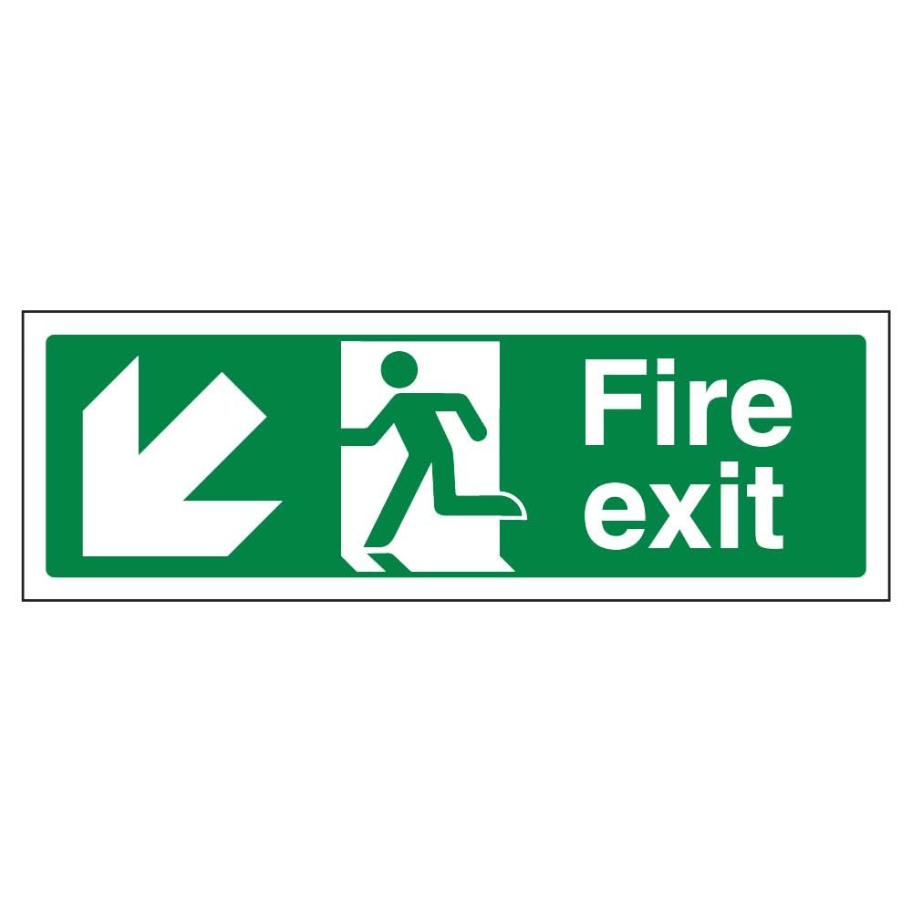 V Safety Fire Exit Arrow Down Left Sign - Landscape - 300mm x 100mm - 2mm Rigid Plastic
