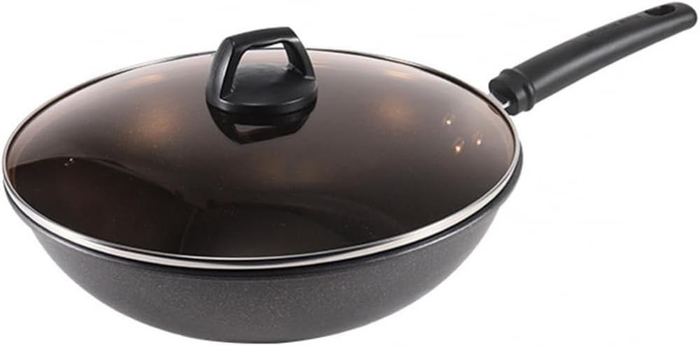 Wok Cinese da 126 Pollici Antiaderente pressofuso AntiGraffio con Coperchio per Piani Cottura a induzione in Ceramica elettrici e a Gas - 28 cm,28 Centimetri