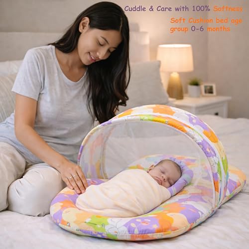 Image of Fareto Combo of Baby Bed with Net | Carry Bag | 4 Pcs Bedding Set (0-6 Months, Baby Size, Cotton) (Orange NEW Star)