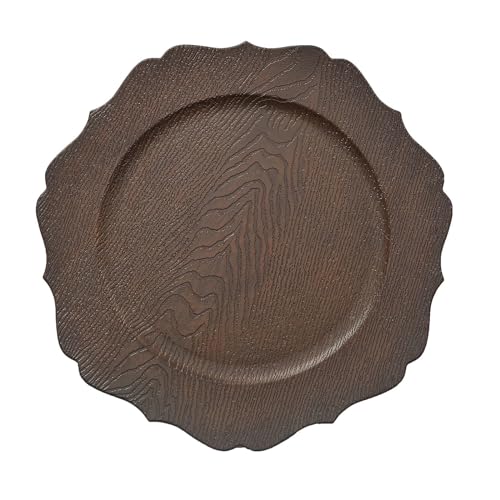 Balsa Circle 6 Rustic Brown 13 in Wooden Round Acrylic Charger Plates | 13-Inch Scalloped Trim Serving Dinnerware Set for Dinner Wedding Party Reception Catering Decorations