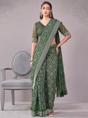 Image of Satrani Women's Chanderi Printed & Embroidery Saree with Unstitched Blouse Piece