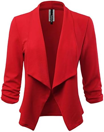 FASHIONOLIC Women's 3/4 Sleeve Blazer Open Front Cardigan Jacket Casual Work Office Blazer (Made in USA) (CLBC001) RED 1X