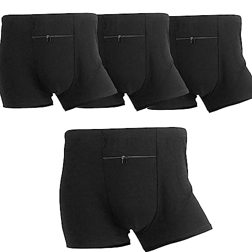 LUEXBOX Pocket Underwear for Men with A Secret Hidden Pocket, Travel Boxer Briefs, 4 Packs (Black)