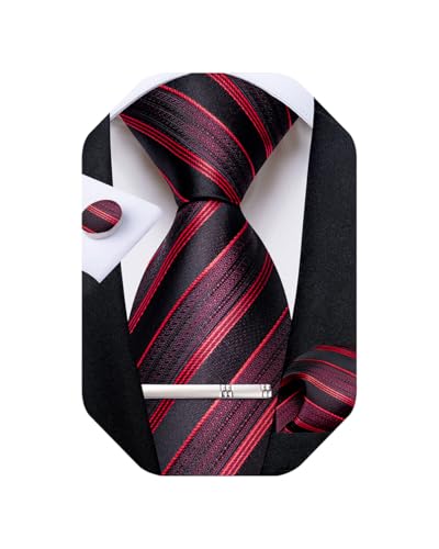 Image of DiBanGu Mens Tie Silk Plaid Striped Necktie and Pocket Square Cufflinks Tie Clip Set with Gift Box Formal Wedding Party
