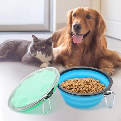 2 Stück Großer Hundenapf Faltbar, 1000 ml / 35 oz Faltbare Hundereisenäpfe, tragbarer Hundewasserfutternapf mit Verschluss, Haustier-Katzen-Futterbecher für Reisen, Wandern (Hellblau + Hellgrün)