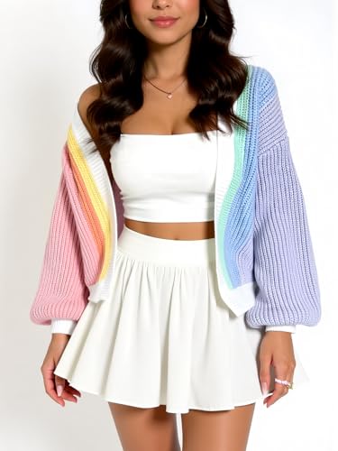 Women's Color Block Open Front Knit Light Cardigan Long Sleeve Chunky Sweater Loose Cropped Tops4