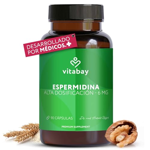 Vitabay 120 Cápsulas de Espermidina 6 mg - Con Germen de Trigo (400 mg) Veganas y de Alta Dosis - Espermidina Suplemento de Alta Biodisponibilidad - Espermidina Pura probada en Laboratorio