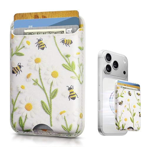 Image of KPNEOL Magnetic Mag-safe Wallet Cell Phone Card Holder for Phone Case with Mag-Safe, Stronger Magnetic RFID Leather Stick on Phone Wallet Compatible with iPhone 17 /16 /15 /14 /13 /12 Series,Daisy Color