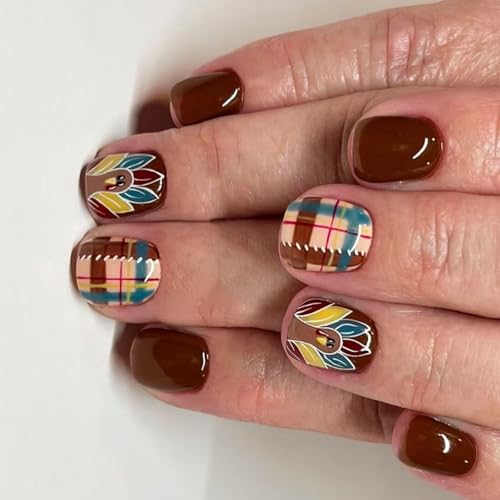 1 Uñas postizas cuadradas cortas a cuadros de pavo de Acción de Gracias, ABS, festivas, a presión, para fiestas, bonito patrón de pavo