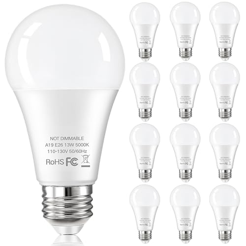 12-Pack A19 LED Light Bulbs 100 Watt Equivalent, 13W 1500 Lumens Super Bright 5000K Daylight White LED Bulbs, Standard E26 Medium Screw Base Light Bulb, No Flicker, CRI90+, Non-Dimmable