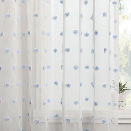 Image of MYSKY HOME Blue Pom Pom Sheer Curtains for Living Room 84 Inches 2 Panels