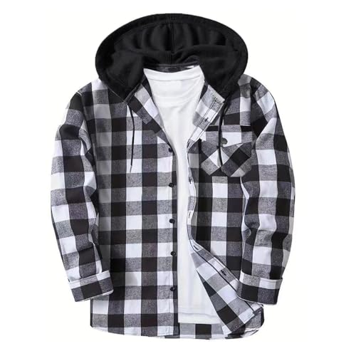 Mens Flannel Hoodies Casual Button Down Plaid Shirt Jackets Long Sleeve Stylish Hooded with Pockets